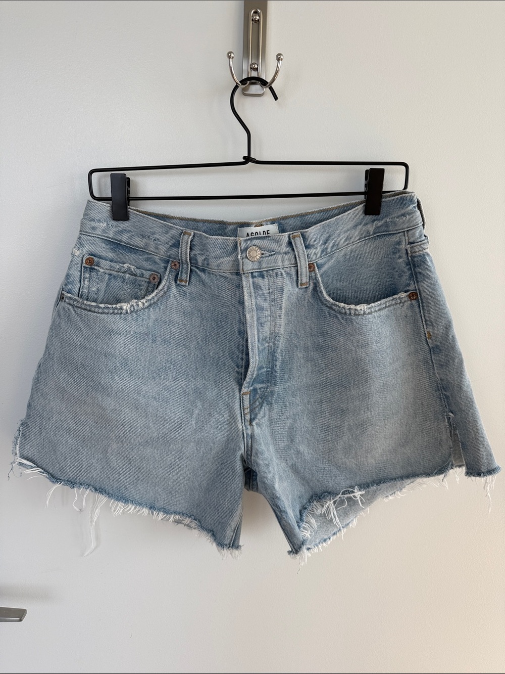 Agolde Light Blue Distressed Denim Jean Shorts